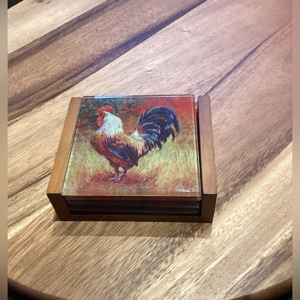 Rooster Art Print Glass Coaster Set in Wood Holder Laurie  Snow Hein